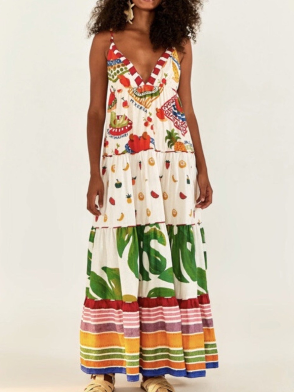 Farm Rio Mixed Picnic Maxi Dress White Fruit Tropical - With Tags - Size MEDIUM